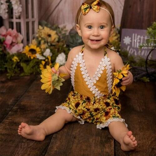Summer Newborn Baby Girls Sunflower Lace Backless sleeveless Romper Outfit Clothes 610