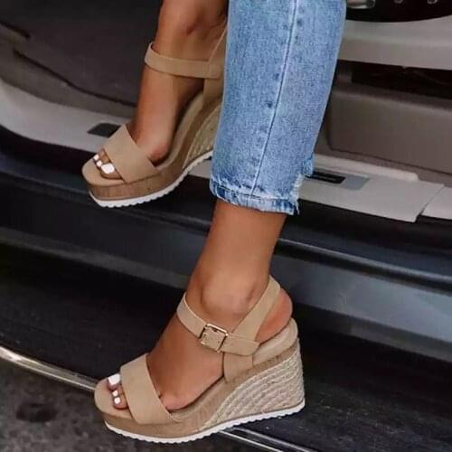 Summer Women Sandlas Plus Size PU Soft Buckle Solie Concise High Heel Platform Wedges Front Rear Strap Female Shoes