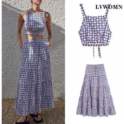 LVWOMN Za 2 Piece Set Women 2021 Summer Geometric Print Short Top + High Waist Long Skirt Women Sexy Backless Casual Skirt Set