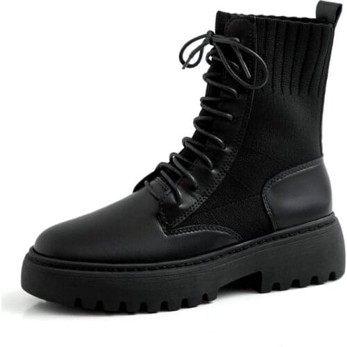 Fashion Boots Women Genuine Leather Knitting Ankle Boots Winter New Low Heels Party Night Club Shoes Woman