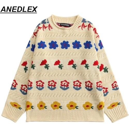 2021 Men Hip Hop Knitted Sweater Streetwear Flower Jacquard Harajuku Sweater Cotton Casual Pullover Autumn Sweater Apricot