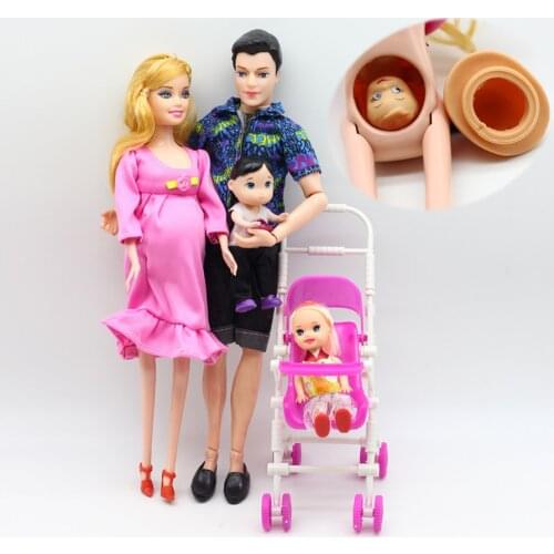 Real Pregnant Doll Set/Fashion Family 5 People Dolls Suits 1 Mom/1 Dad/ Two baby/1 Baby Carriage for Girl Bjd doll Kid Gift Toys