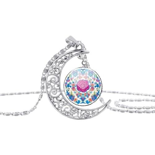 New crescent Printed rose flower plant necklace half moon butterfly magpie animal lucky amulet hollow moon small fish necklace