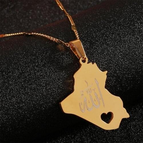 Stainless Steel Republic Of Iraq Map Pendant Necklace Gold Color Allah Name Heart Jewelry
