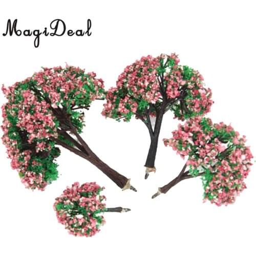 MagiDeal 4Pcs/Lot Plastic Scenery Landscape Model Trees with Peach Flowers for Railroad Layout Garden Decor Doll Weddings Trees