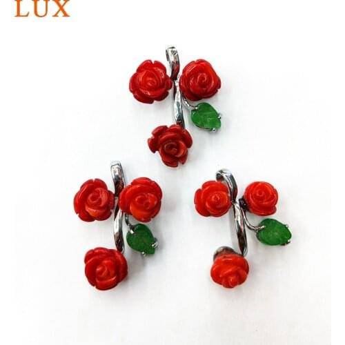 Hand Carved Red natural Bamboo Coral Pendant coral flower pendants with green jades leaf charms for necklace making