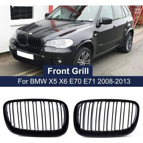 2PCS Bumper Kidney Grille Front Grill Double Slat Line For BMW X5 X6 E70 E71 2008-2013 Car Styling Gloss Black Racing Grills