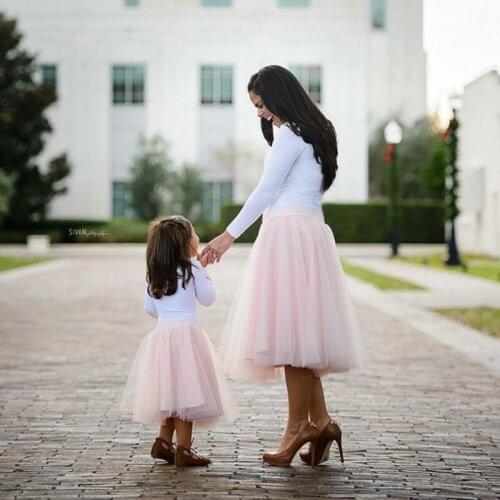 Midi Mesh Soft Tulle Tutu Skirts For Mommy And Me Fluffy Gown Baby Pink White Outfits Mother Daughter Tulle Jupe Clothes Costume
