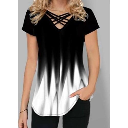 T-shirts Lady Gradient Color 3/4 Sleeve Women 3d Print V Neck Bandage t-shirt Top For Streetwear t-shirts womens Clothing 2021
