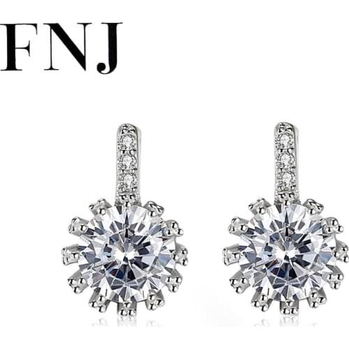 FNJ Earrings 925 Silver Jewelry Original Pure S925 Sterling Silver Stud Earring for Women White Zircon