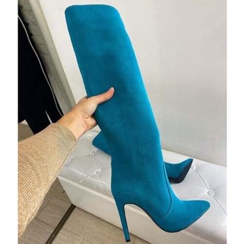Suede Knee High Boots Stiletto Thin High Heel Sexy Pointed Toe Fashion Women Boots Flock Zipper High Heel Dress Boots