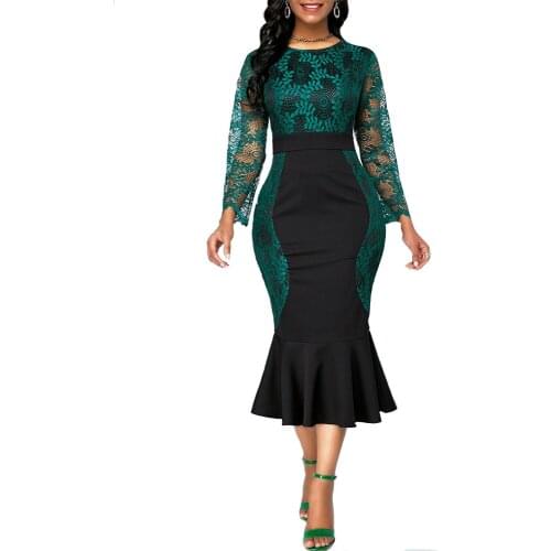 Hook Flower Dress Women 2021 Spring Summer Vintage Sexy Lace Long Mermaid Party Dress Casual Plus Size Slim Office Bodycon Dress