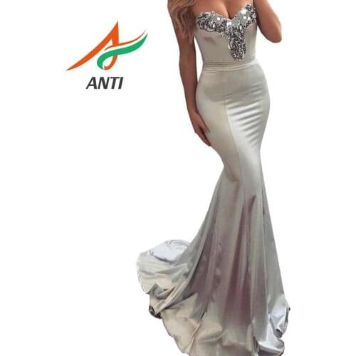 ANTI Women African Mermaid Evening Gowns Silver Sweertheart Sleeveless Prom Dresses 2019 Elegant Ceremony Long Party Dresses New