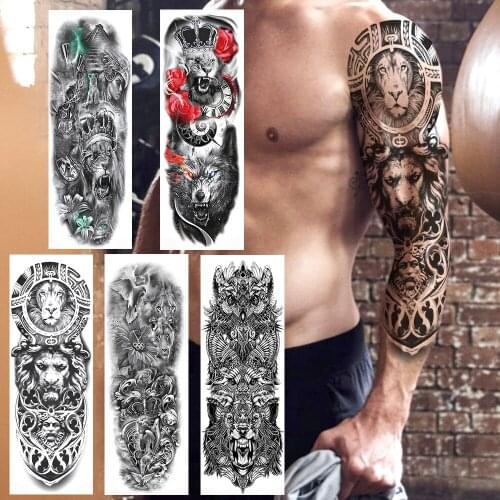 Cruel Lion King Of Beast Temporary Full Arm Tattoo Sticker For Men Women Fake Wolf Tattoos Body Art Waterproof Tatoos 3D