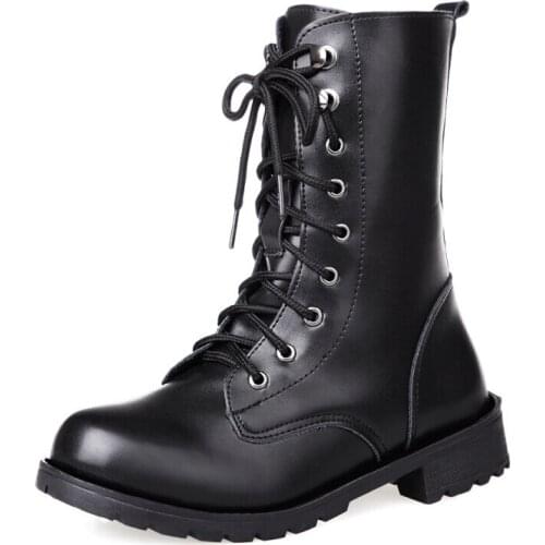 Winter Fashion Womens Boots Lace Up Calf Round Head Womens Martin Boots Black Pu Women Shoes Boots for Women