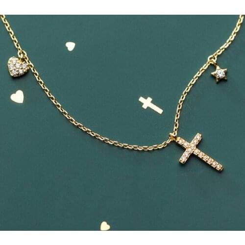 1pc Real. 925 Sterling Silver Gold /White Cross &Star &Heart cz set Clavicle Necklace statement station Pendant GTLX2061