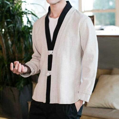 #7920 Black Blue Beige Men Kimono Coat Long Sleeve Men Jacket Kimono V Neck Vintage Chinese Style Kimono Outerwear Plus Size 5XL