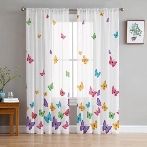 Colorful Butterfly White Sheer Curtains for Living Room Bedroom Kitchen Chiffon Tulle Curtains Home Hotel Coffee Decor