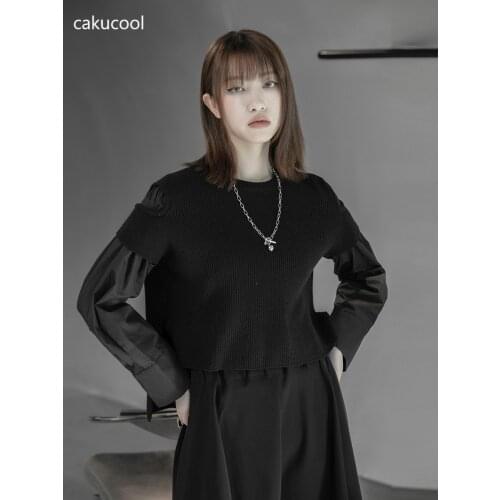 Cakucool Womens spring 2021 fall knitwear womens round neck loose stretch pullover long sleeves short sweater
