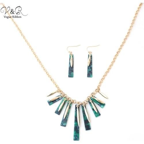 Gold Chain/ Leaf Acetate Plate Metallic Effect Stick Necklace Earrings Set, Fashion Jewelry Set, Bridesmaid Gift, Girls Jewelry