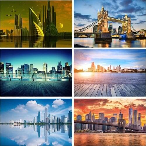 Laeacco City Metropolis Lake Wood Bridge Platform Night Scenic Party Photographic Background Photographic Backdrop Photo Studio