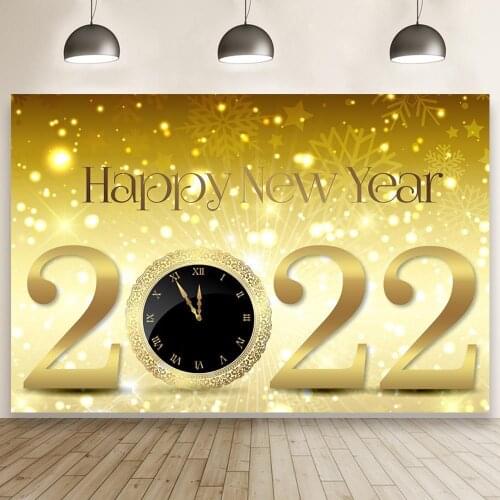 Happy New Year 2022 Photo Background Gold Fireworks Clock Celebration Photography Backdrop Dinner Party Decor Poster