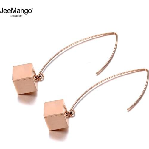 JeeMango Bohemia Style Stainless Steel Geometry Square Dangle Earrings Jewelry Trendy Rose Gold Drop Earrings For Women JE19229