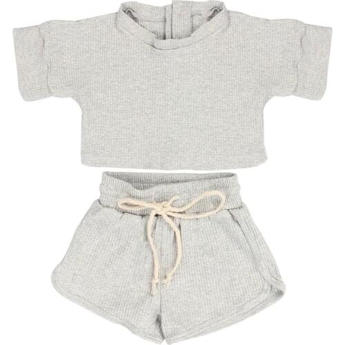 Kaiya Angle 2020 Wholesale Outfits New Fashion Solid Single Breasted Cotton Toddler Baby Girl Clothes Boutique Summer 2Pcs Sets