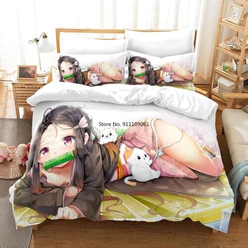 Japan 3D Anime Home Textile Cartoon Bedding Set Demon Slayer Kimetsu No Yaiba Pillowcase Duvet Cover Set Kids Bedroom Decoration
