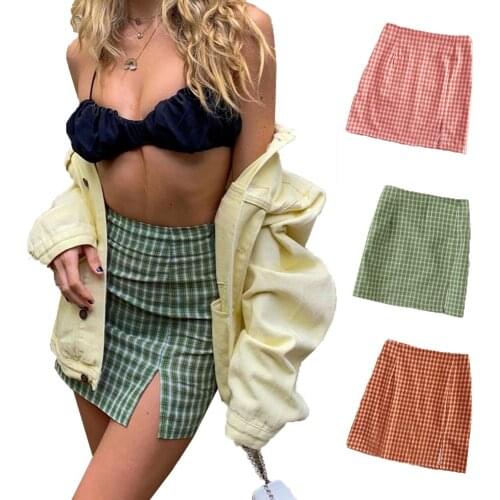 Summer Women Plaid Mini Skirt Fashion All-Match High Waist Zipper Jupe Slim Skirt Sexy Side Split Wrap Hip Bodycon Lsdy Skirts