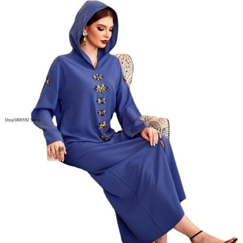 Moroccan Kaftan Djellaba Maxi Dress Women Rhinestone Drop Shoulder Muslim Luxury Fashion Hooded Abaya Dubai Turkey Arab Robe
