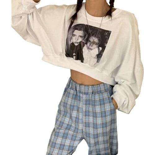 Fashion Women Blouse Long Sleeve O Neck Figure Print Blouse Loose Crop Top Pullover Womens Clothing 2021