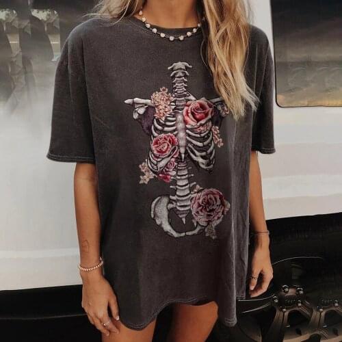 Fashion Short-Sleeve Womens T Shirt Casual Vintage Skeleton Flower Printing Plus Size Shirt Ladies Tops Tee Summer Clothing