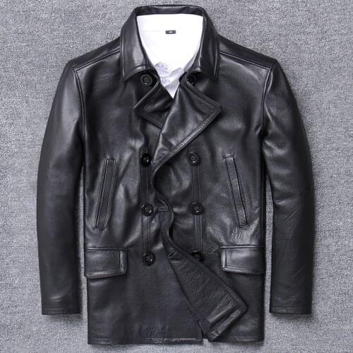 Genuine Leather Clothing Mans Suit Head Layer Cowhide Jacket Long Loose Windbreaker Single Fund Leisure Short Motorcycle Coat