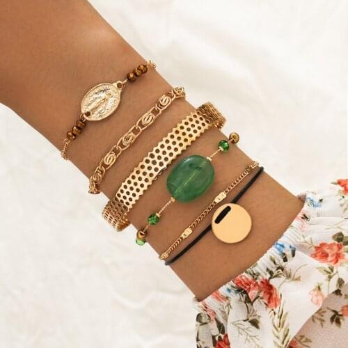 6 Pcs/Set Bohemian Fashion Gold Round Green Beads Jesus Multilayer Bracelet Set Vintage Bracelets for Women Jewelry Accessories