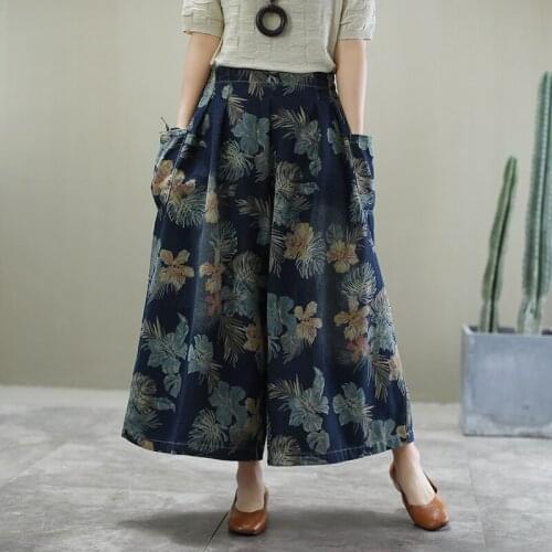 New 2020 Spring Chinese Fashion Ladies Vintage Printed Jeans Women Floral Denim Trousers Loose Wide Leg Pants Plus Size 11845