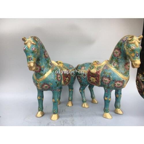 Pair 17'' red copper cloisonne enamel Flower design war-horse Horse statue