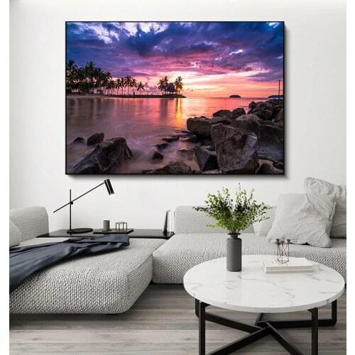 Sunset Seaside Natural Scenery Canvas Poster Purple Sky Sunset Wave Art Frameless Poster Home Living Room Decor Art Wall