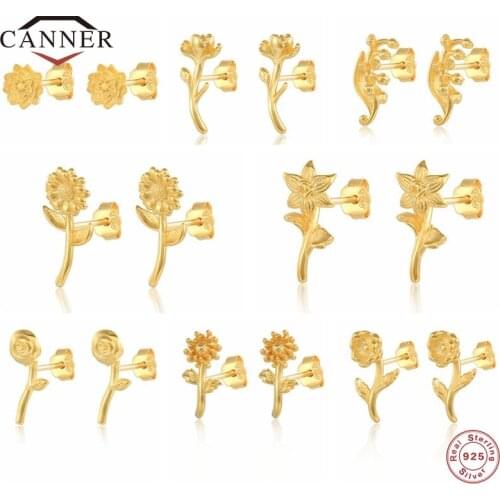 CANNER Pendientes Plata 925 Sterling Silver Flower Stud Earrings for Women Small Carnation Rose Piercing Earring Jewelry Brincos