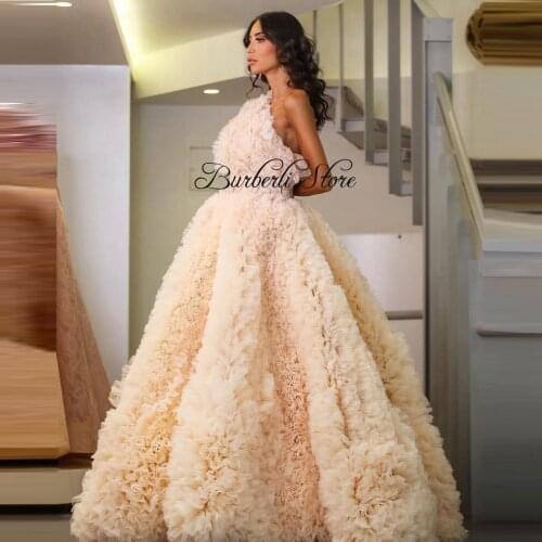 One Shoulder Dubai Tulle Party Dresses Very Lush Ruffles Tulle Lace Prom Gowns Custom Made Formal Bridal Dress Plus Size
