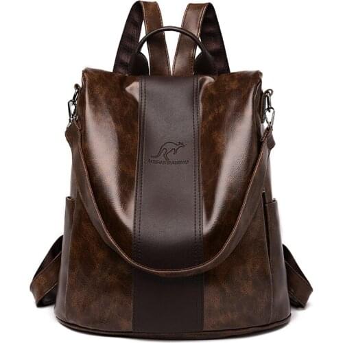 Vintage Female Oil Skin Leather Backpacks Multifunction Women Backpack Anti Theft School Bags for Teenage Girls Travel Mochila