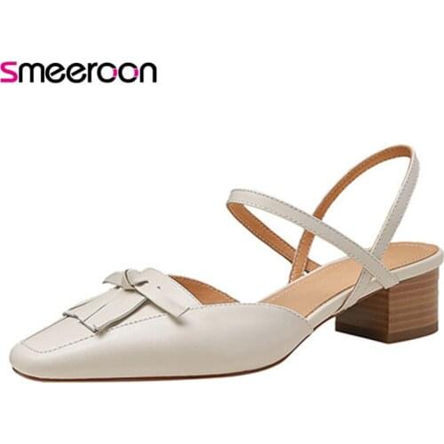 Smeeroon 2021 Top Quality Genuine Leather Sandals Women Shoes Square Toe Tassel Vintage Thick Heels Casual Party Shoes Female
