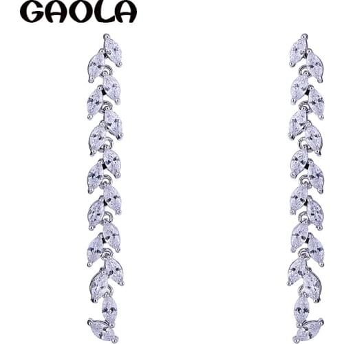 GAOLA Classic White Gold Color Long Flower Clear Cubic Zirconia Dangle Earrings for Woman
