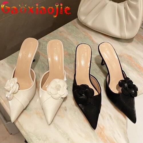 Gaoxiaojie Half Slippers Women 2021 Summer Fashion Pointed High-Heeled Shoes High Grade Fabric Appliques Baotou Career Sandals