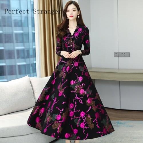 2021 Autumn New Arrival High Quality Elegant V Collar Long Sleeve Printed Women Chiffon Long Dress