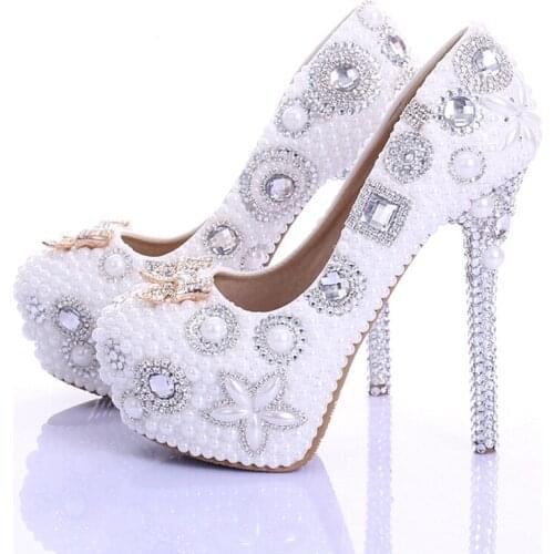 2020 New Style Spring Handmade Ultra High Heel Bridal Dress Shoese Bowtie Rhinestone Wedding Shoes White Pearl Genuine Leather