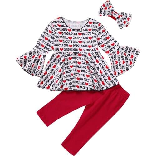 Cute Kids Baby Girl Sets Valentine Day Clothes Letter and Heart Print Flare Sleeve Top+Red Trousers+Hairband 3Pcs Girl Outfits