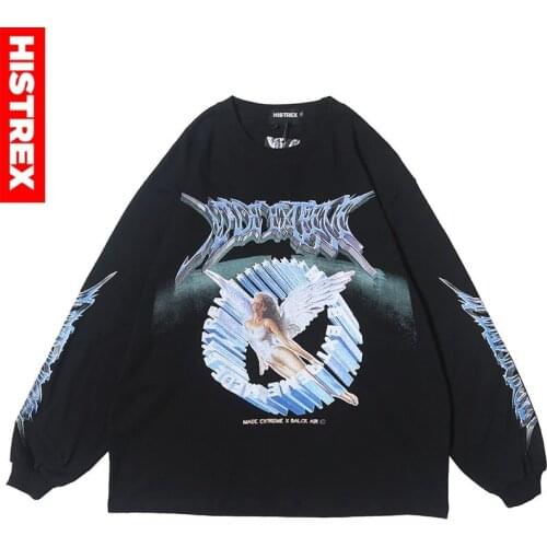 2020 Men Hip Hop Hoodies Streetwear Retro Angel Print Harajuku Tshirt Loose HipHop Hoodies Oversize Cotton Tops Tees Long Sleeve