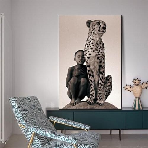 Boy and A Cheetah Canvas Painting Wild African Animal Posters and Prints Wall Art Picture for Living Room Home Decor Cuadros