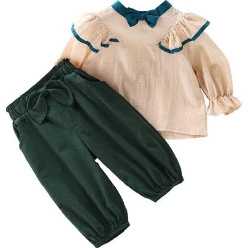 Korean Toddler Girls Cotton Linen 2pcs Clothes Set Ruffles Kids Girls Long Sleeve Casual Outfit for Children